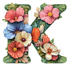 Illustration showcasing a decorative letter K adorned with an array of colorful, intricate flowers and lush leaves, emphasizing creativity, floral beauty, and artistic expression.
