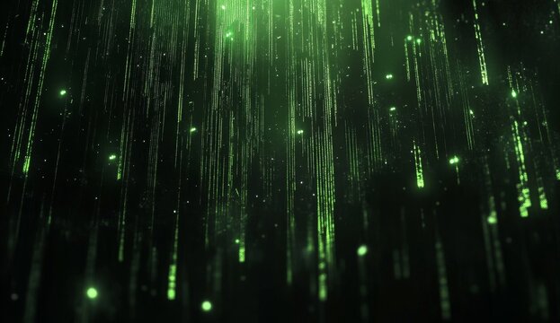 Abstract digital rain, vibrant green streams cascading downwards against a dark background.  Glowing particles create a dynamic, futuristic effect