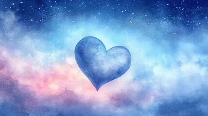 Fototapeta premium Watercolor heart in a starry sky with blue and pink hues.
