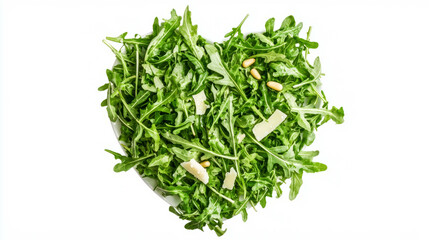 Fototapeta premium Delicious arugula and parmesan salad with pine nuts on white background for healthy eating