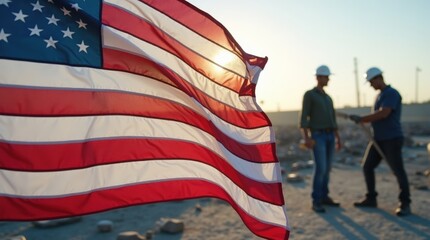 American flag waving with workers in hard hats at a construction site, patriotic labor theme.