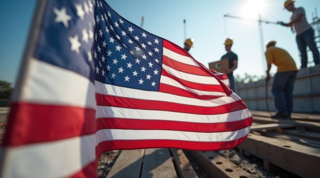 American flag waving with workers in hard hats at a construction site, patriotic labor theme.