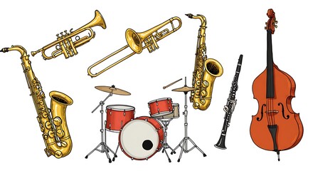 Musical Instruments Including Saxophone, Trombone, Trumpet, Drums and Bass