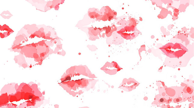 Watercolor seamless pattern lips, A seamless pattern background radiating sweetness and love. Watercolor lips in soft pinks and reds form a dynamic repeating pattern, playfully leaving kiss 