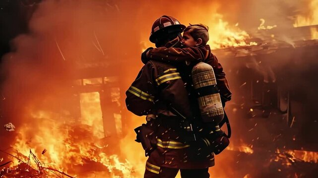 A brave firefighter, clad in protective gear, heroically rescues a child from a burning house engulfed in intense flames, showcasing courage and determination in a life-threatening situation.