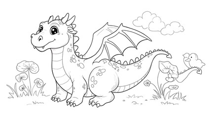 Cute Dragon Illustration with Bird in Black and White Coloring Page