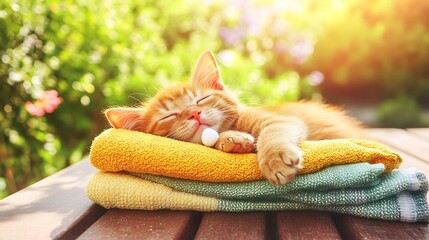 Orange tabby cat napping outdoors in sunlight