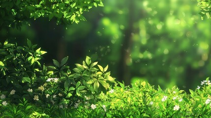 Obraz premium Lush Green Forest Scene Sunlight Dappled Leaves White Flowers Nature Background