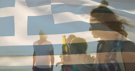 Walking on beach, group of friends with Greek flag animation overlay - Powered by Adobe