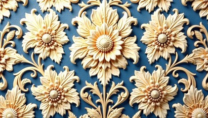 Elegant damask pattern with swirling acanthus leaves and floral motifs, embossed effect, repeating, white