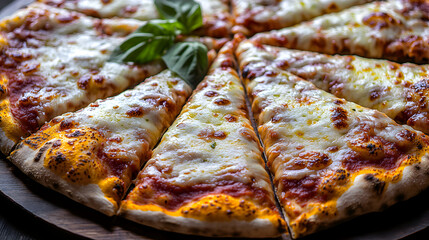 Close Up View Of A Delicious Sliced Pizza On Wooden Plate