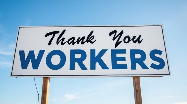 Wide shot of a bold "Thank You Workers" sign against a clear blue sky, simple and clean design.