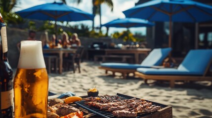 Classic summer beachside BBQ setup with sun loungers blue umbrellas grilled meats beer and laughter capturing the perfect weekend gathering.