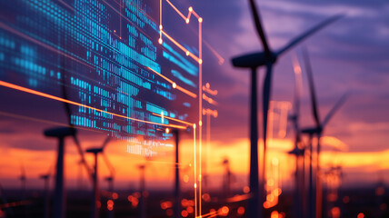Sustainable Energy Integration Concept with Wind Turbines and Digital Data Streams, Symbolizing Green Innovation
