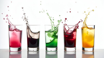 Glass of juice and fruits Glass of soft drinks with ice served on table in garden. Set of different Asian cool drink on tray. Row of colorful juices