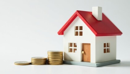 Tiny house loan model on white background with stack of coins, property, finance