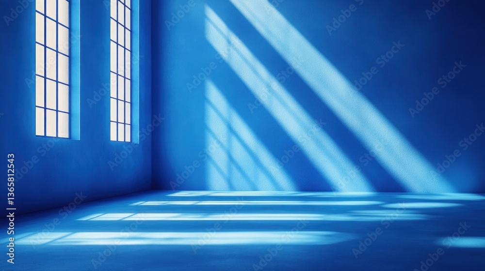 Poster sunlit blue room corner with two large windows, showcasing light and shadow interplay on the walls a