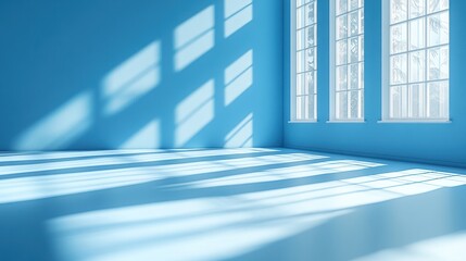 Obraz premium Sunlit blue room interior with large windows, showing light and shadow patterns on walls and floor.