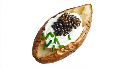 Gourmet baked potato with black caviar and sour cream topping for luxurious dining