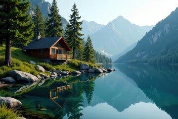 Cozy cabin nestled amongst pines, tranquil lake, autumn, shore