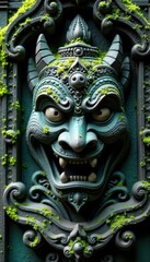 Obraz premium Deeply carved demonic faces, mossy Balinese wall background , aged, background