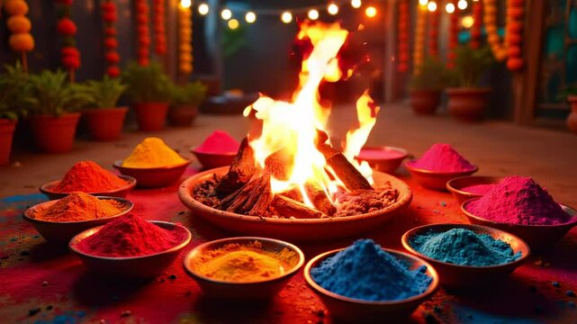 Holi Celebration with Burning Bowl Surrounded by Colorful Powder and String Lights