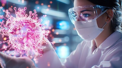 Scientist Studying Virus 3D Model In Futuristic Lab