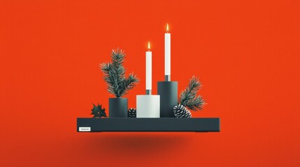 Obraz premium Festive Candles Pine Holly on Shelf Cozy Holiday Decor