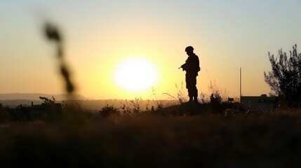 Fototapeta premium Silhouette of Soldier at Sunset Military War Peace Duty