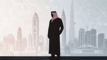 Obraz premium Silhouette of a man in traditional attire overlooking a modern city skyline at dawn in the Middle East Generative AI