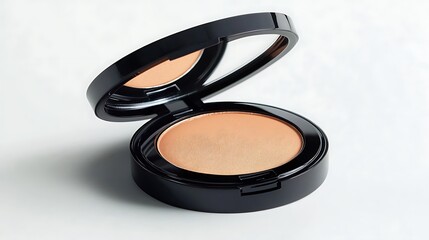 A close up of a black compact with powder and a mirror inside it