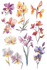 vibrant collection of watercolor illustrations showcasing various orchids different colors and styles, capturing their delicate beauty and elegance. artwork evokes sense of tranquility