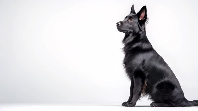 Black shepherd dog with attentive gaze looking up on white background