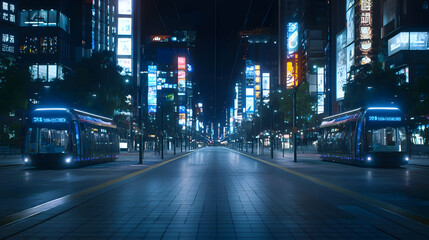 Night City Street Scene With Illuminated Buildings And Tram