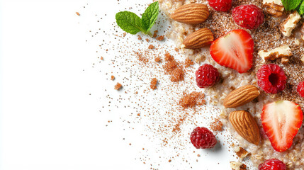 Healthy breakfast with brown sugar oatmeal, fresh berries, and nuts