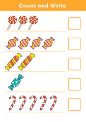 Count and write numbers. Counting objects worksheet for kids. Educational fun game for children. Kindergarten Counting Worksheet. How many counting game with cute candy illustration.