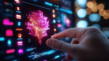 Obraz premium Hand Interacting With Abstract Digital Data Visualization On Futuristic Screen