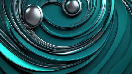 Abstract design featuring swirling teal and silver shapes with metallic spheres in motion