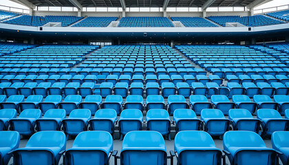 Naklejka premium Blue tribunes. seats of tribune on sport stadium. empty outdoor arena. concept of fans. 