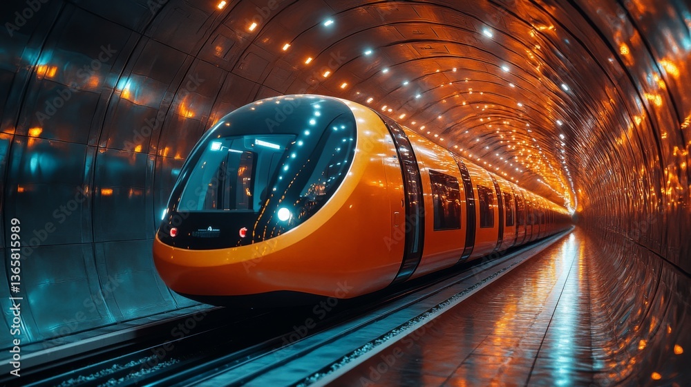 Poster a sleek subway train moves through a brightly lit urban tunnel, reflecting advanced technology in pu