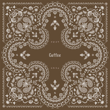 Coffee Bandana Print, paisley seamless pattern. Coffee, coffee beans, flowers, decorative geometric line ornament. Bandana pattern template. Silk neck scarf or kerchief square pattern design.