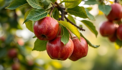 Obraz premium Juicy red apples hanging on tree branch with bright atmosphere 