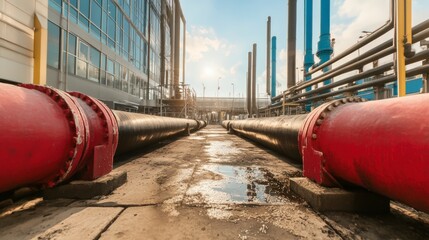 Industrial Pipeline System  Large Red and Black Pipes  Factory  Energy  Infrastructure  In