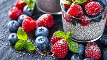 Obraz premium Close-up of chia pudding with berries