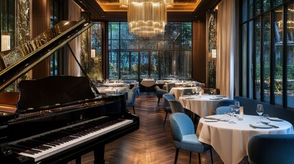 Fototapeta premium Elegant evening dining ambience with grand piano surrounded by fine decor and lush greenery Generative AI