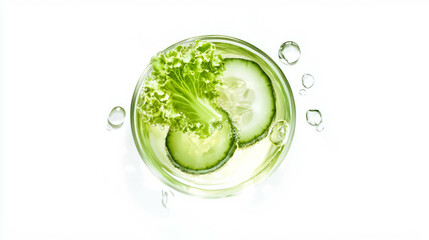 Obraz premium Fresh celery juice with cucumber slices on white background for detox and wellness