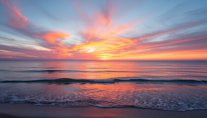 Fototapeta premium Stunning sunset over tranquil ocean waves with vibrant colors in the sky