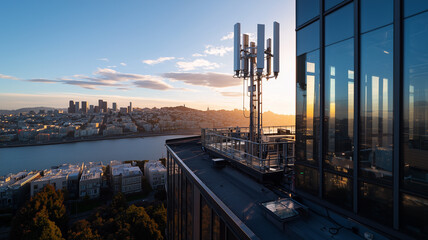 5G Connectivity Concept Featuring Cell Tower on Urban Rooftop with Cityscape and Daylight Sky, Symbolizing Technological Advancement
