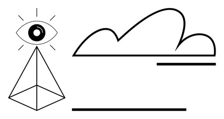 Eye atop pyramid radiates awareness beside cloud and parallel lines evoking balance, insight, perception. Ideal for vision, observation, clarity, mindfulness, spirituality, design concepts flat