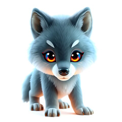 Obraz premium Wolf – 3D baby wolf, soft fur, perky ears, round face, pastel blue and pink tones, white background Generative AI